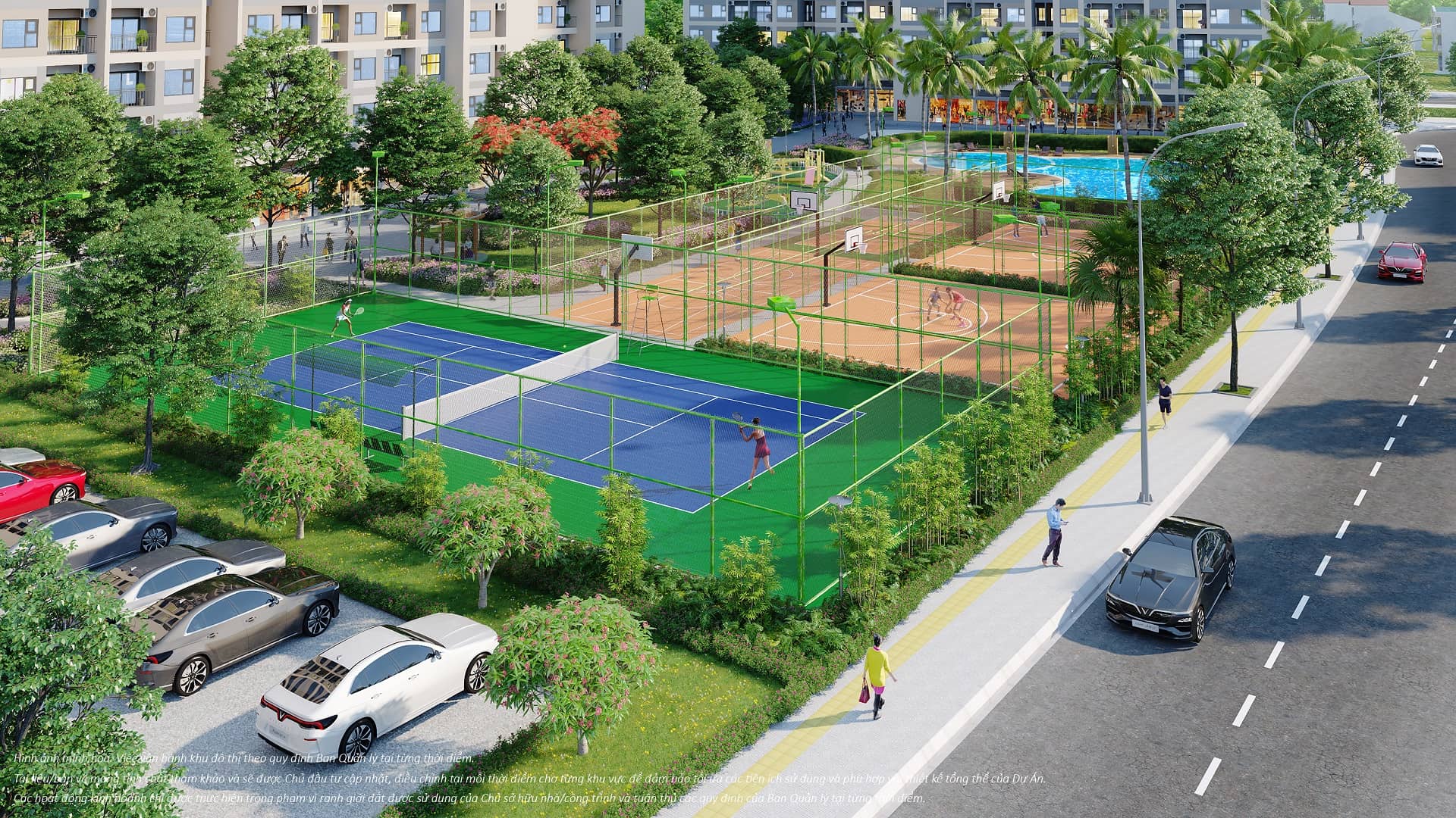 150 sân thể thao: bóng đá mini, tennis, cầu lông, bóng rổ, bóng chuyền hơi…; 11 hồ bơi ngoài trời; hơn 60 sân chơi trẻ em cùng hàng loạt sân chơi vận động liên hoàn phân bổ khắp khu đô thị.